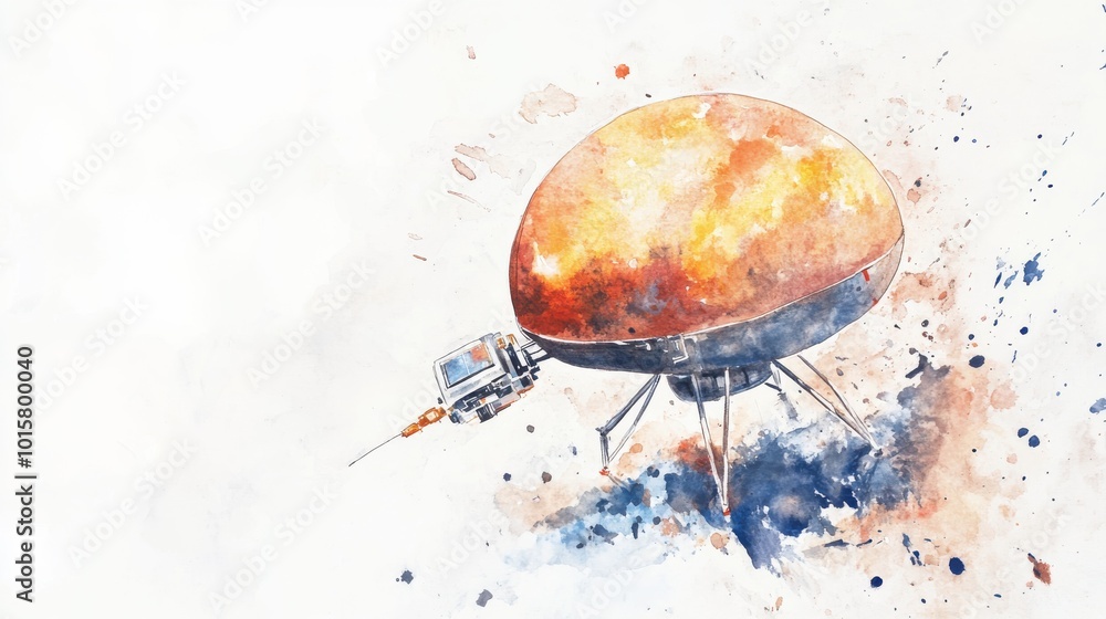 Poster Artistic representation of a spacecraft exploring distant planets in a watercolor style with vibrant colors and celestial elements