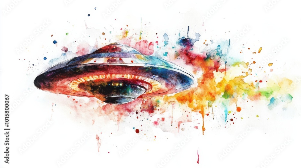 Poster A colorful representation of a spaceship hovering in an abstract cosmic environment filled with vibrant splashes of color