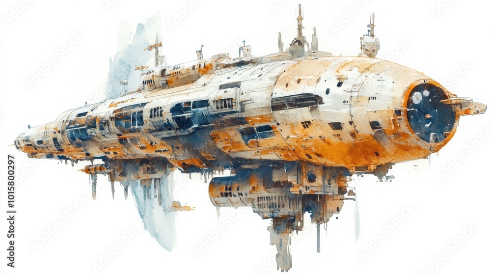Poster a detailed illustration of a futuristic spaceship floating in space, showcasing intricate designs an