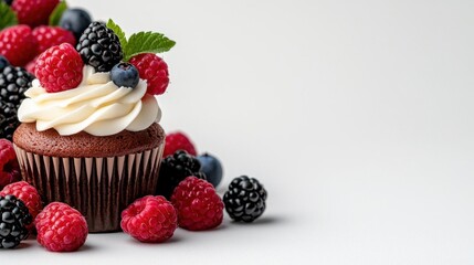 A photostock image of a chocolate cupcake with cream and berries on a clean white background