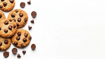 A photostock image of freshly baked chocolate chip cookies scattered on a clean white background