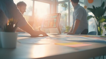 Blur, defocus Background banner IT startup. UX developer and a UI designer are brainstorming over a holographic AR interface in a modern office. mobile app interface. Creative digital development.