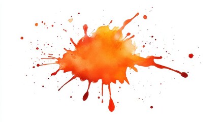 Vibrant orange paint splatter with dynamic droplets against a clean white background