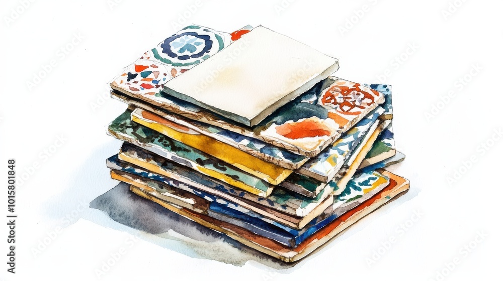 Aufkleber A stack of colorful, patterned notebooks resting on a white surface, capturing the essence of creativity and inspiration in an artistic setting