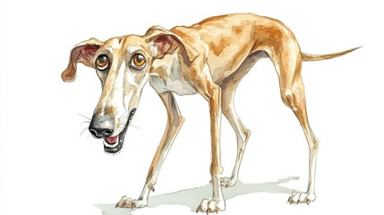 A playful brown dog with large eyes standing on a white background during a sunny afternoon, exuding curiosity and joyfulness