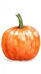 A vibrant orange pumpkin with a green stem resting on a flat surface, perfect for autumn decorations or Halloween festivities