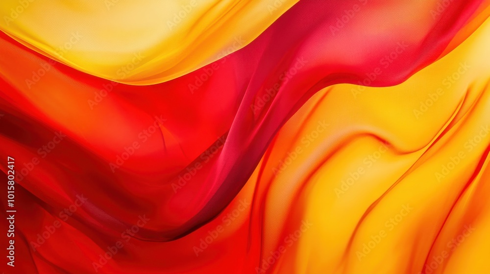 Poster Vibrant waves of red and yellow fabric flowing elegantly in abstract design during a daytime art display