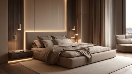 Modern minimalist bedroom design featuring neutral tones and soft lighting during late afternoon