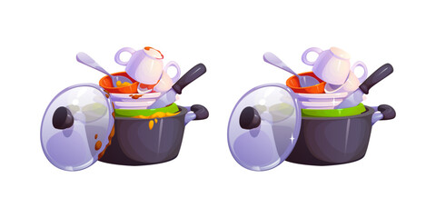 Dirty and clean dishes, plates and kitchenware stack before and after washing, cartoon vector. Dirty and clean cookware saucepan with plates, cups and spoon or knife with food stains and shiny clean