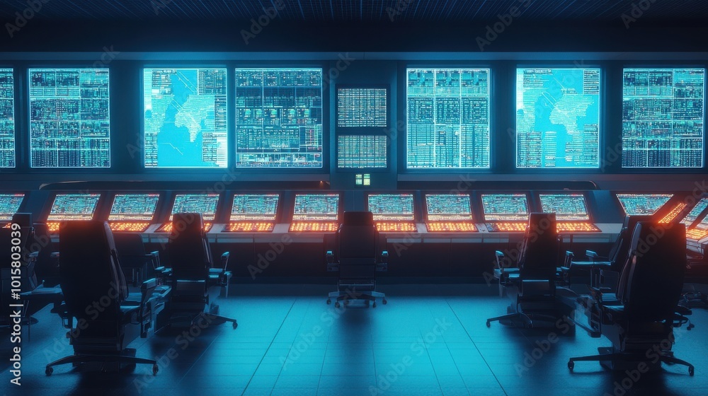 Aufkleber High-tech control room featuring multiple screens and workstations during a data monitoring session at night