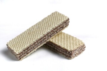 Chocolate flavored wafer biscuits, isolated on a white background.