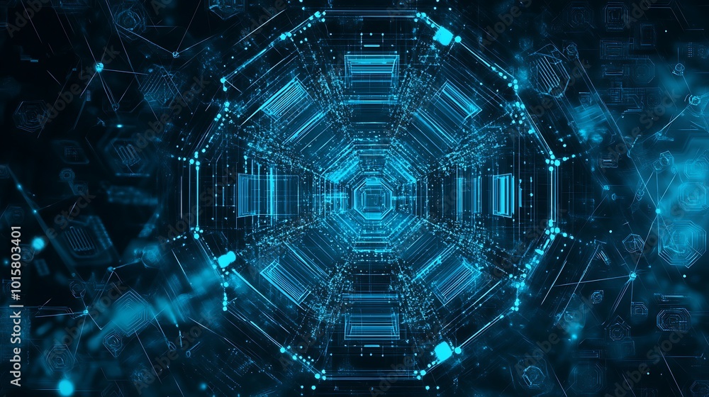 Poster Abstract digital pattern with glowing blue lines forming a geometric shape against a dark background with scattered abstract symbols.