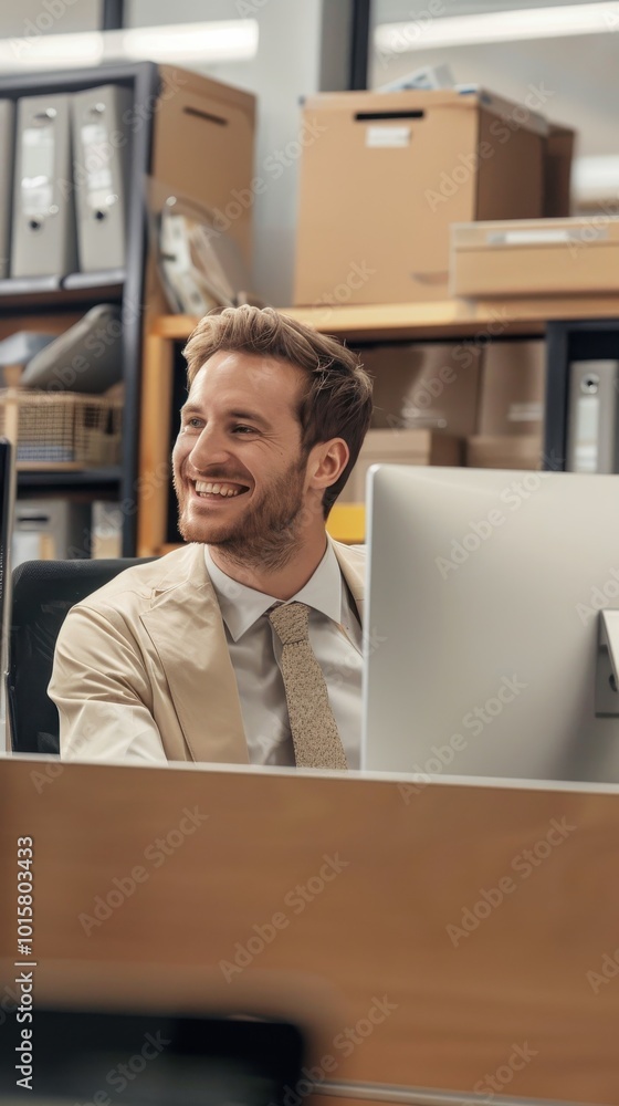 Poster A man in a suit is smiling at the camera while sitting at a desk with a computer