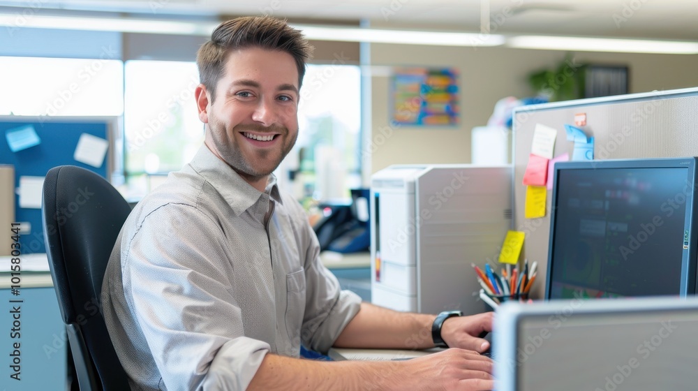 Aufkleber A man is smiling and sitting at a desk with a computer