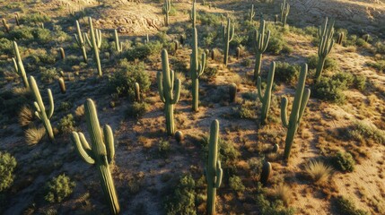 Aerial view of sprawling saguaro cacti in the Arizona desert during golden hour