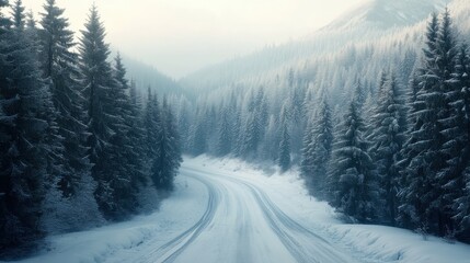 A winding snowy road through a tranquil forest in winter with tall pine trees and foggy mountains in the background during early morning light