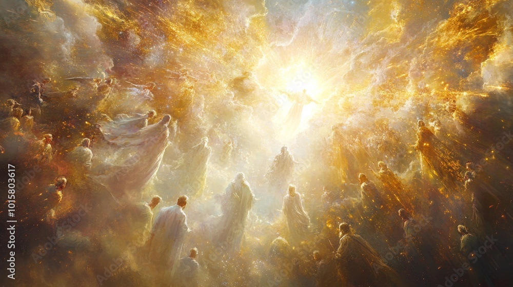Poster a vibrant celestial gathering of ethereal figures amidst swirling clouds and radiant light in a cosm