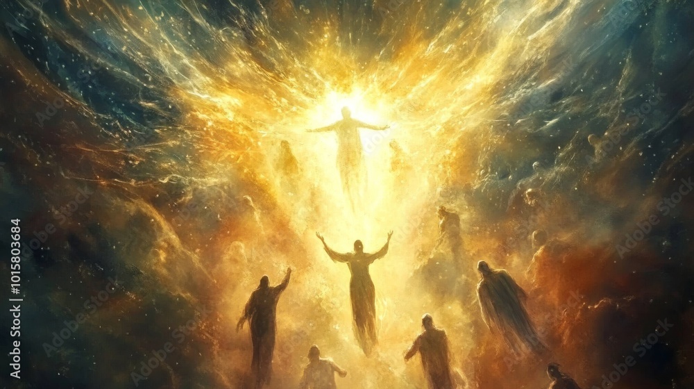 Aufkleber Celestial beings ascending in a radiant burst of light during a mystical event in a cosmic setting