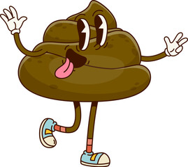 Cartoon groovy poop character, happy poo personage. Poo happy groovy 70s vector personage. Poop cute groovy emoji or toilet shit funny character shoving tongue and fooling around in sneakers