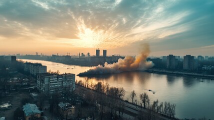 Fototapeta premium Smoke rises from a structure near the river at sunset in an urban area, highlighting the impact of ongoing activity
