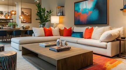 Modern living room design featuring a large sectional sofa with vibrant cushions and a stylish coffee table in a cozy setting