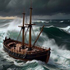 Obraz premium a ship in the ocean with a storm in the background.
