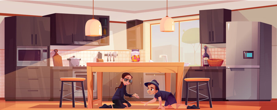 Children playing hide and seek in kitchen. Vector cartoon illustration of teen girl and boy in black spy suits crawling on floor under table, teen siblings having fun together, sunlight in window - Powered by Adobe