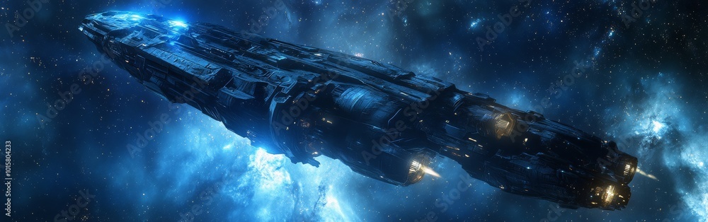Poster A large spacecraft gliding through the vibrant colors of deep space, illuminated by distant stars and cosmic gases near a galaxy