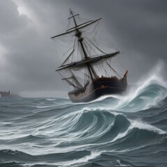 a ship is sailing in the ocean with a cloudy sky in the background.