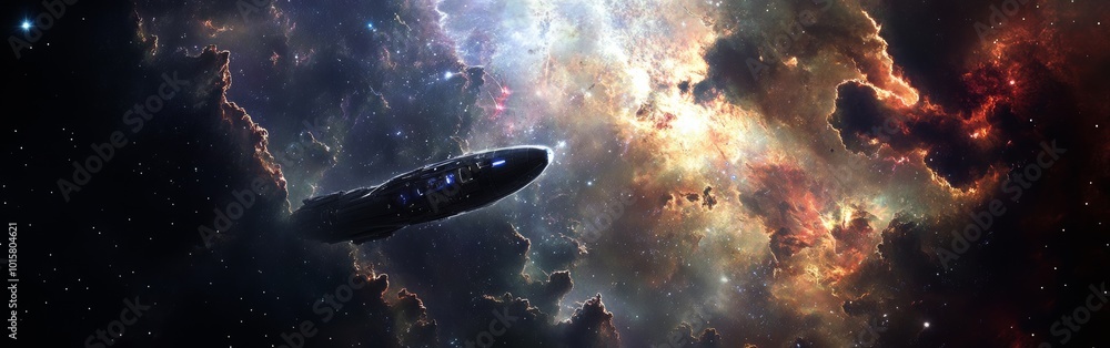 Poster a mysterious spaceship navigates through a vibrant nebula in a distant galaxy, showcasing the beauty