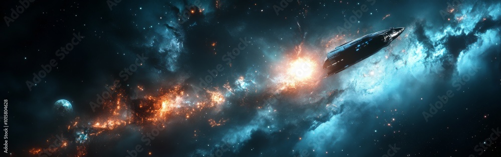 Poster A spacecraft navigates through vibrant cosmic clouds and starlit backgrounds in an expansive galaxy during deep space exploration