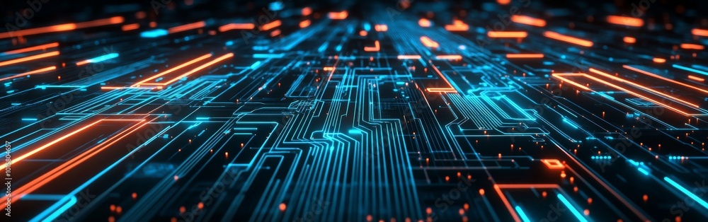 Poster abstract digital landscape with glowing circuitry and vibrant neon lights in a technology-inspired s