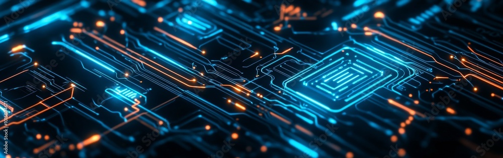 Aufkleber intricate blue and orange circuit board design illuminated in a dark environment, showcasing advance