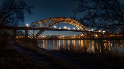 Obraz premium 42. A dramatic steel arch bridge illuminated at night