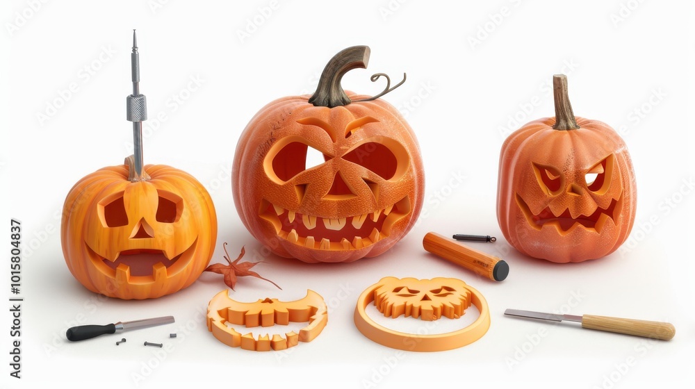 Poster three carved pumpkins with a scary face and a tool on top of one of them