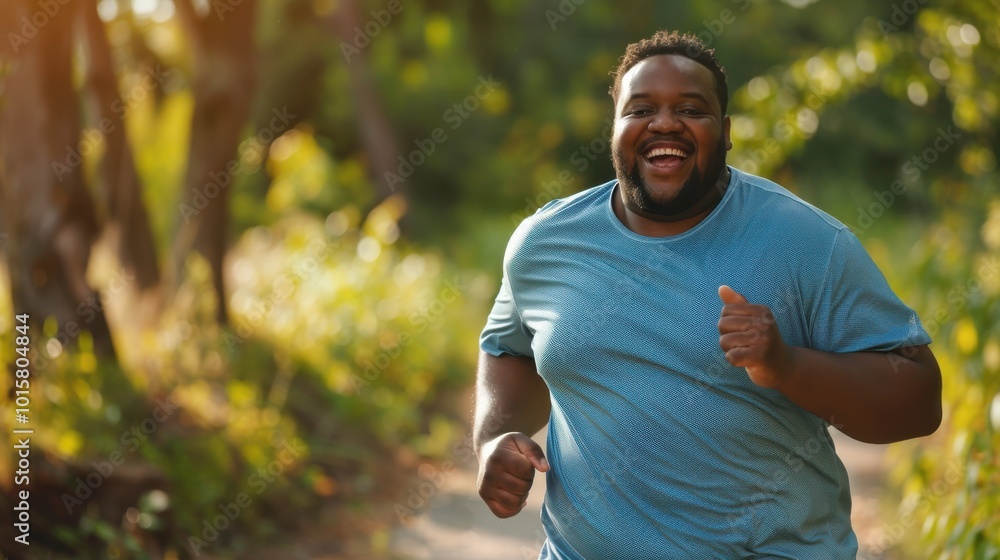 Poster a man is running in a forest with a big smile on his face