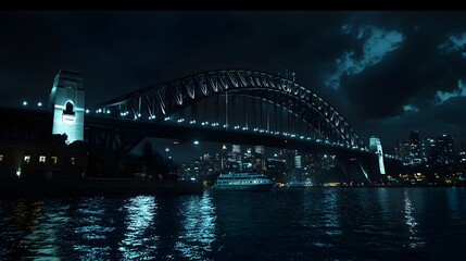 Obraz premium 42. A dramatic steel arch bridge illuminated at night