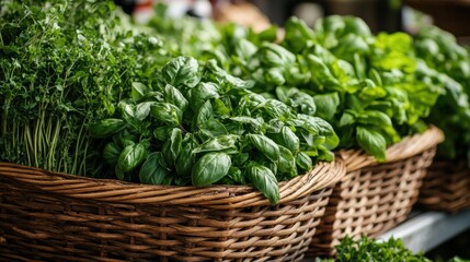 Fresh basil and herbs in woven baskets at an outdoor market showcasing seasonal produce in a vibrant setting