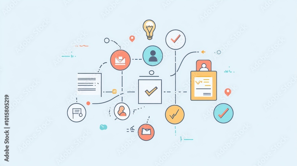 Leinwandbilder Visual representation of workflow management using icons, symbols, and text in a light background illustrating organization and efficiency