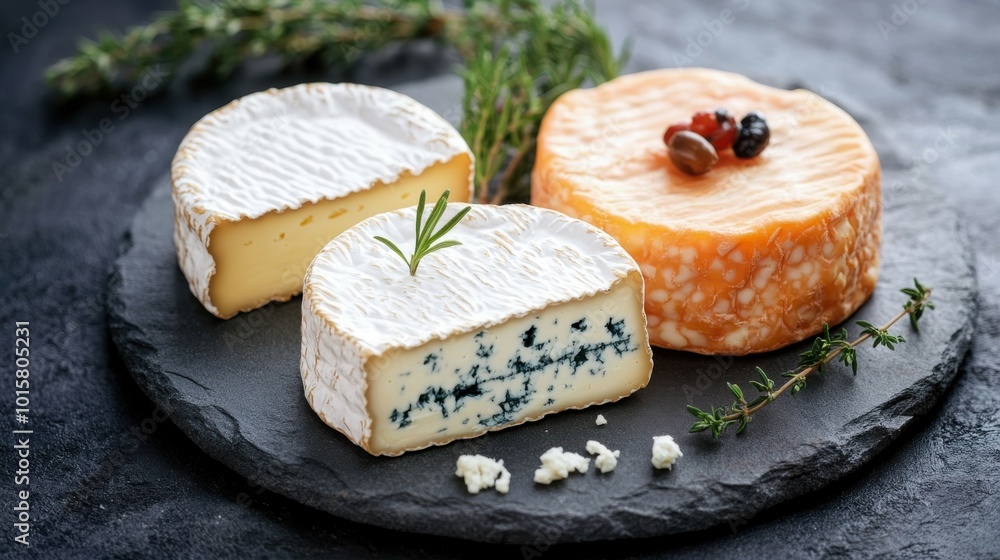 Poster Artisan cheese platter featuring three distinct varieties on a slate board with herbs in a rustic setting