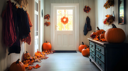 Interior of hallway with autumn clothes, drawers and pumpkins