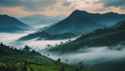 Misty Valley with Tea Plantations at Sunrise Overlooking Foggy Hills