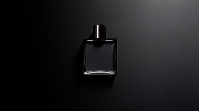 Minimalist black square perfume bottle displayed on a dark gray wall background.