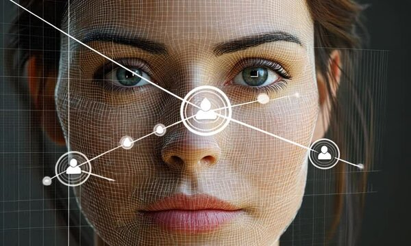 young woman looking at hologram interface on dark background, double exposure. 3 d rendering.