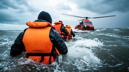 Naklejka premium Rescue operation in stormy waters with people in life jackets approaching a helicopter.