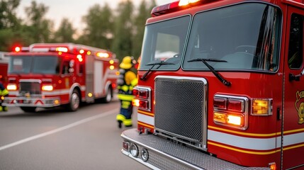 Fire trucks responding to an emergency with firefighters in action.