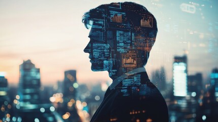 Silhouette of a businessman against a city skyline with digital overlays of data and analytics at dusk