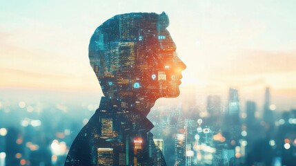 A silhouette of a person against a city skyline filled with digital symbols representing technology and innovation at sunset