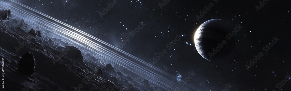 Poster a breathtaking view of a distant planet with rings and rocky terrain illuminated by distant stars in