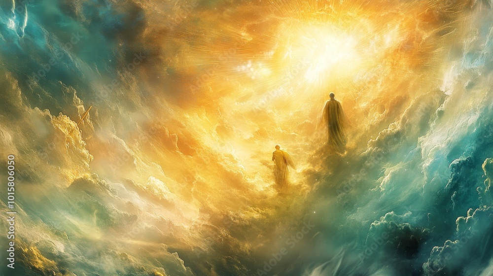 Poster two figures walking through luminous clouds towards a bright, glowing horizon during a celestial eve